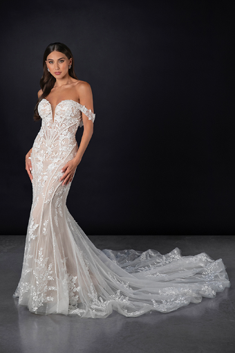 Martina Liana Style #ML1870 #0 default (IVRM-PL) Ivory Lace and Tulle over Rum Gown w Porcelain Tulle Plunge thumbnail