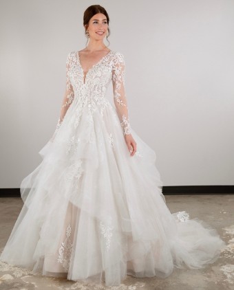 Essense of Australia Style #D3892 Long Sleeve #0 default (IVBC-PL) IVORY LACE & TULLE OVER BISCOTTI GWN W PORCELAIN TULLE PLUNGE thumbnail